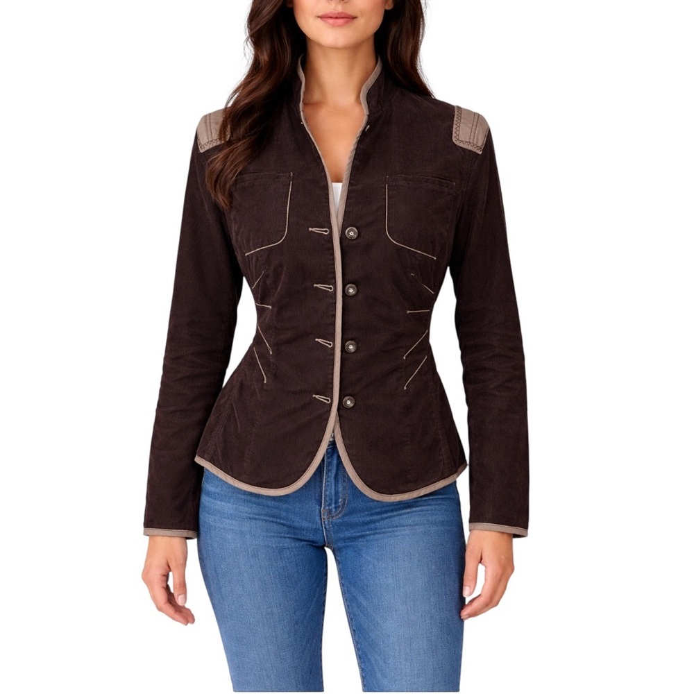 Mexx Dark Brown Corduroy Fitted Military-Style Blazer with Tan Trim